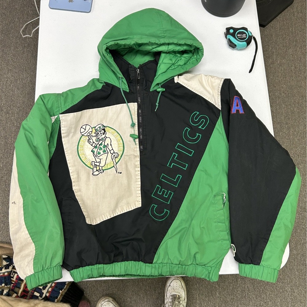 Pro Player Boston Celtics Jacket Mens S Green Vintage NBA Hooded Half Zip E3